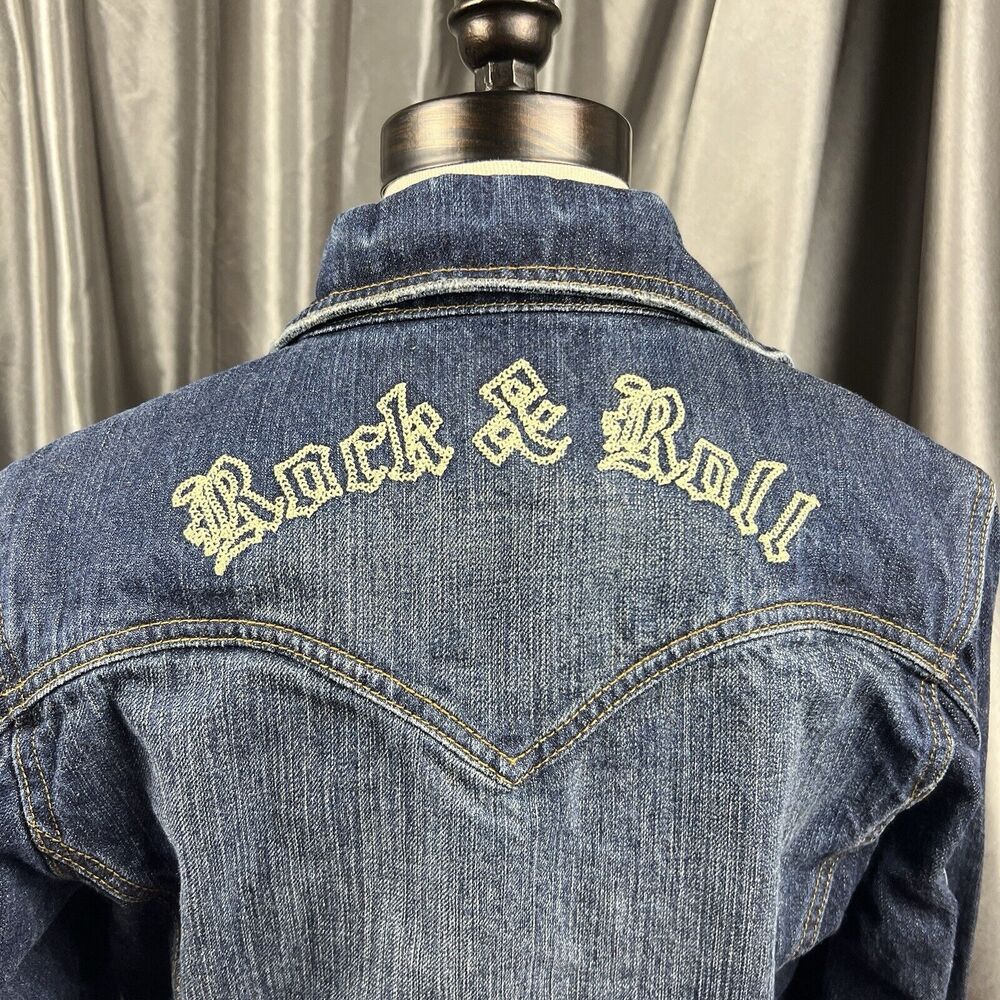 Fender Denim Jacket Women's M Rock & Roll Embroidered Blue Jean‎ Cropped RARE
